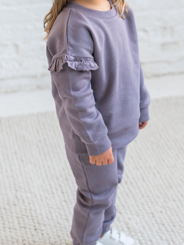 Abbey Fleece Ruffle Sleeve Pullover Sweatshirt Sale : Baby : Tops : Pullovers : Long Sleeves Kendi Organic Cotton Baby and Kids Abbey Fleece Ruffle Sleeve Pullover
