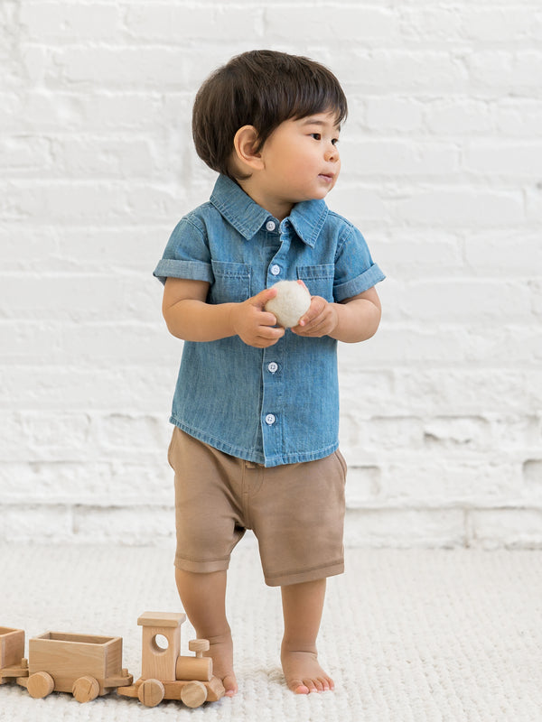 Graham Chambray Collared Button Down Shirt Baby-Kids : Tops : Shirts : Short Sleeves Kendi Organic Cotton Baby and Kids Graham Chambray Collared Button Down Shirt