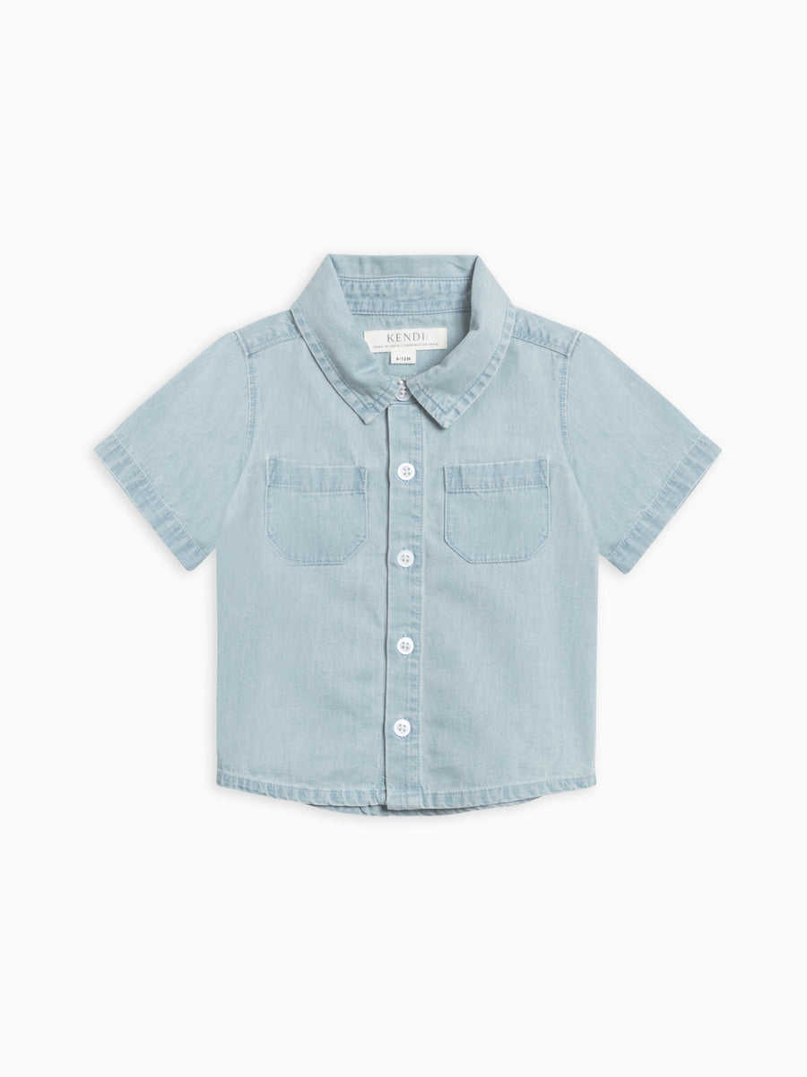 Light Chambray Collared Button Down Shirt Baby-Kids : Tops : Shirts : Short Sleeves Kendi Organic Cotton Baby and Kids Graham Chambray Collared Button Down Shirt