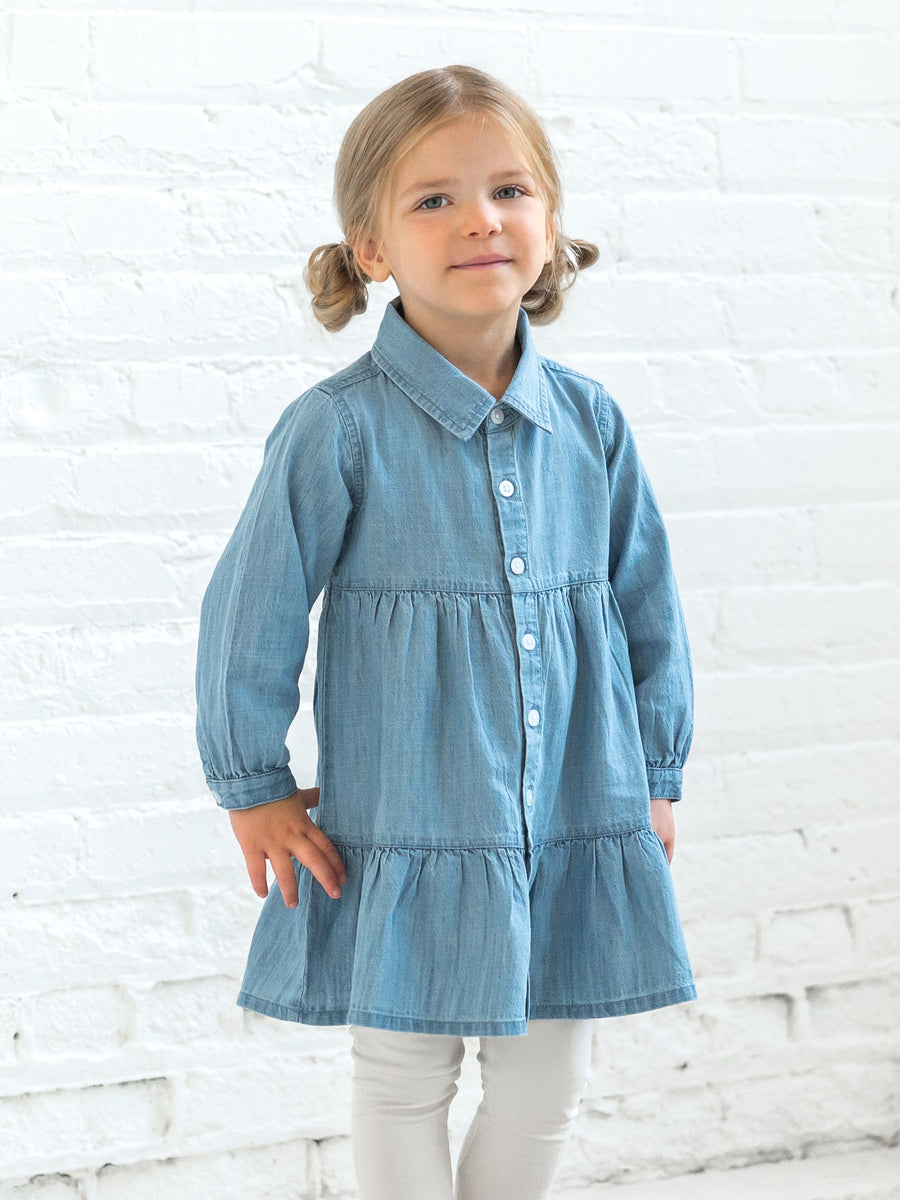Roxy Chambray Shirt Dress Baby-Kids : Dresses : Long Sleeves Kendi Organic Cotton Baby and Kids Roxy Chambray Shirt Dress