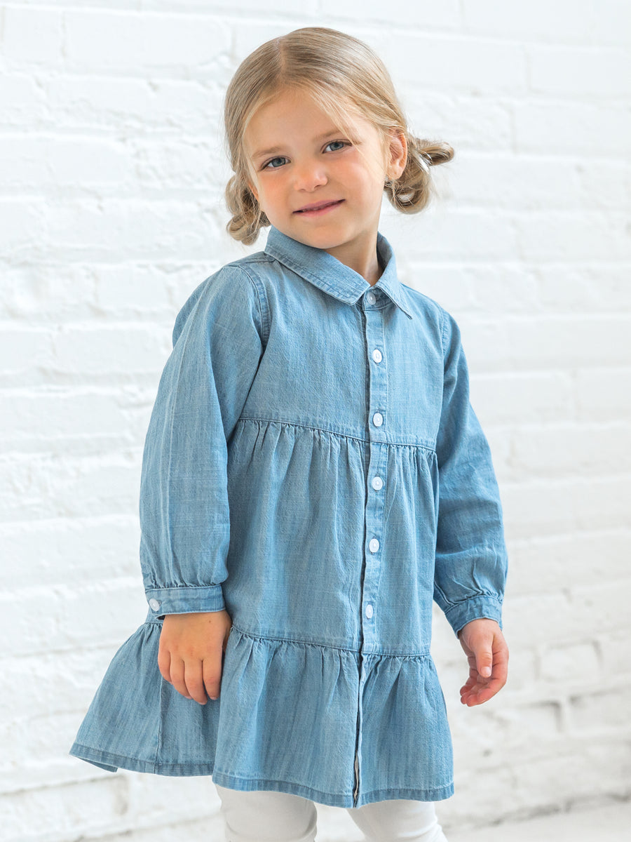 Roxy Chambray Shirt Dress Baby-Kids : Dresses : Long Sleeves Kendi Organic Cotton Baby and Kids Roxy Chambray Shirt Dress