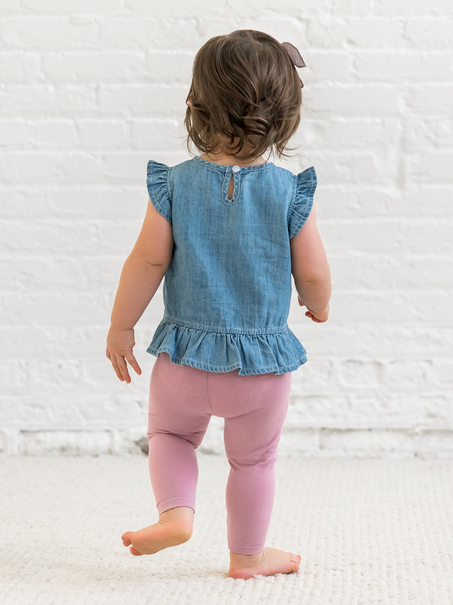 Anya Chambray Ruffle Hem Top Baby-Kids : Tops : Shirts : Short Sleeves Kendi Organic Cotton Baby and Kids Anya Ruffle Hem Chambray Top