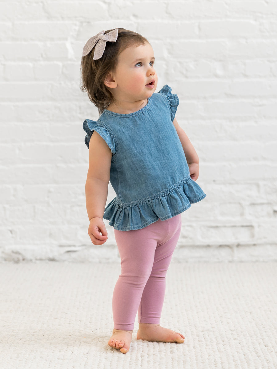 Anya Chambray Ruffle Hem Top Baby-Kids : Tops : Shirts : Short Sleeves Kendi Organic Cotton Baby and Kids Anya Ruffle Hem Chambray Top