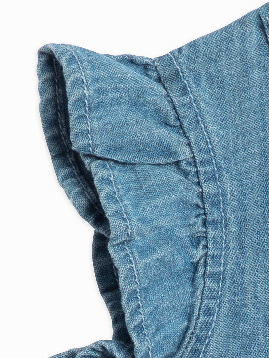 Anya Chambray Ruffle Hem Top Baby-Kids : Tops : Shirts : Short Sleeves Kendi Organic Cotton Baby and Kids Anya Ruffle Hem Chambray Top