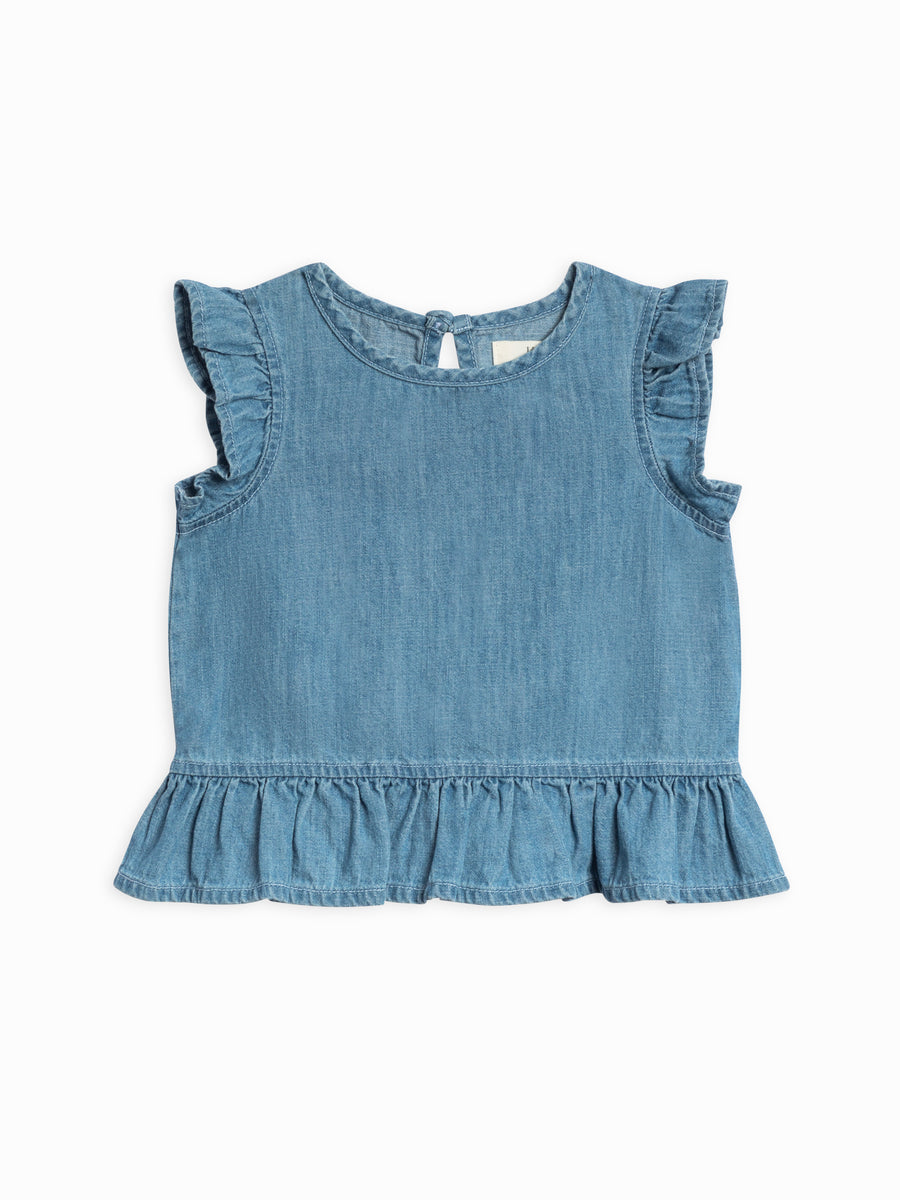Anya Chambray Ruffle Hem Top Baby-Kids : Tops : Shirts : Short Sleeves Kendi Organic Cotton Baby and Kids Anya Ruffle Hem Chambray Top