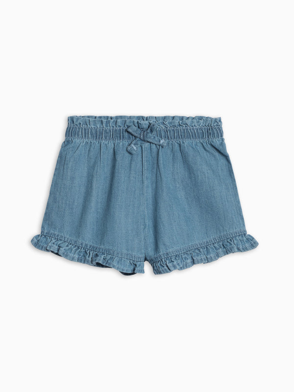 Callie Chambray Ruffle Waist Short Baby-Kids : Bottoms : Shorts KENDI by Colored Organics Baby Callie Chambray Ruffle Waist Short | Colored Organics®