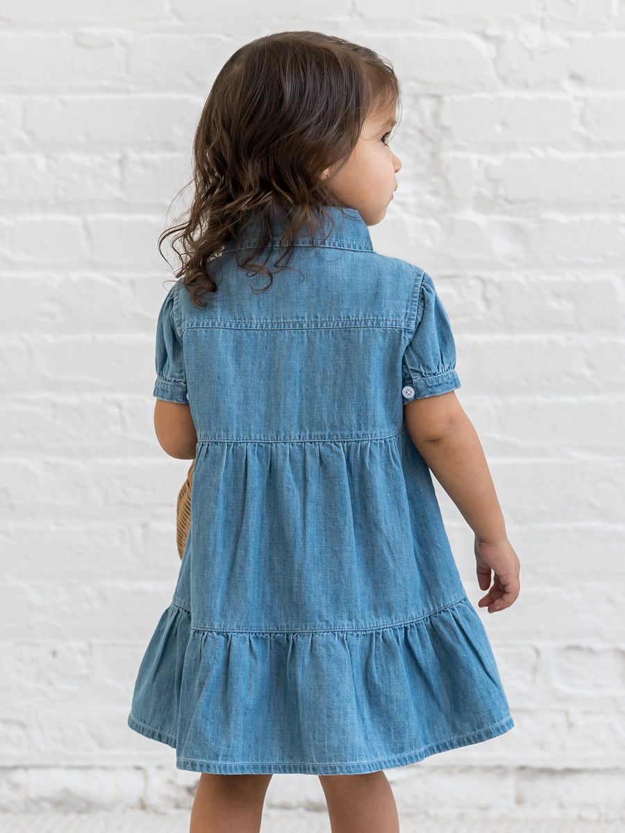 Pippa Chambray Short Sleeve Shirt Dress Baby-Kids : Dresses : Short Sleeves Kendi Organic Cotton Baby and Kids Pippa Chambray Short Sleeve Shirt Dress
