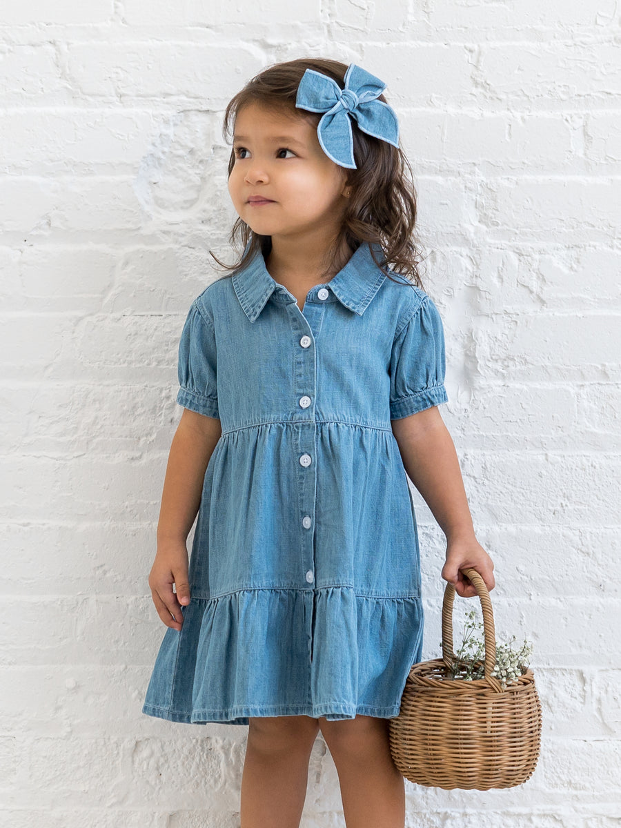 Pippa Chambray Short Sleeve Shirt Dress Baby-Kids : Dresses : Short Sleeves Kendi Organic Cotton Baby and Kids Pippa Chambray Short Sleeve Shirt Dress