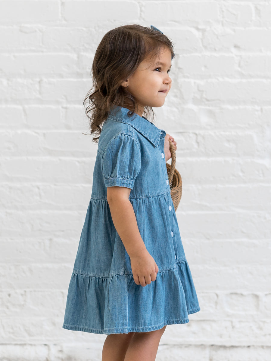 Pippa Chambray Short Sleeve Shirt Dress Baby-Kids : Dresses : Short Sleeves Kendi Organic Cotton Baby and Kids Pippa Chambray Short Sleeve Shirt Dress
