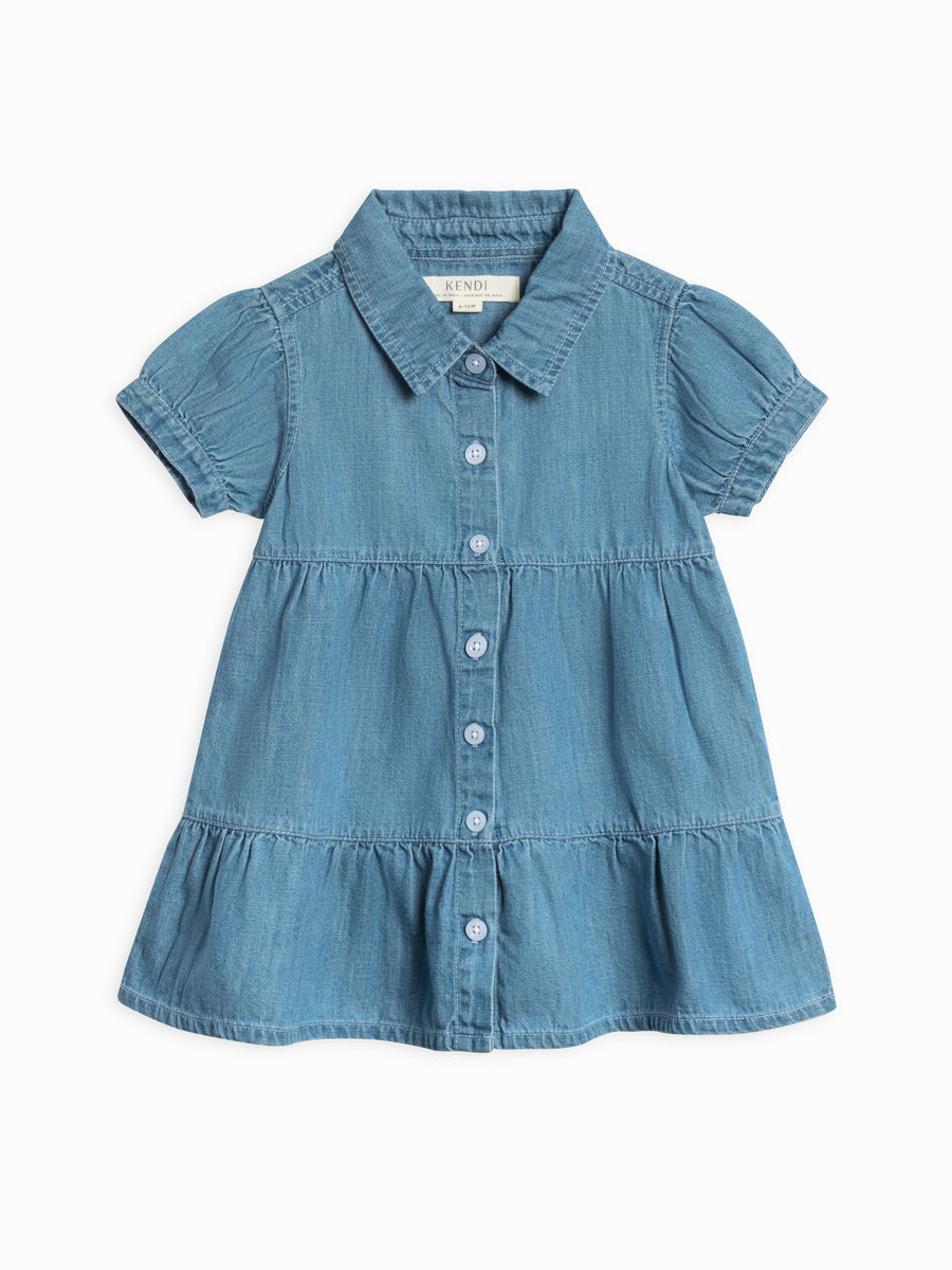 Pippa Chambray Short Sleeve Shirt Dress Baby-Kids : Dresses : Short Sleeves Kendi Organic Cotton Baby and Kids Pippa Chambray Short Sleeve Shirt Dress