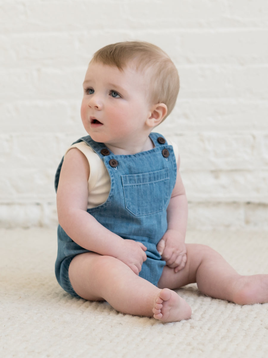 Noe Chambray Bubble Overall Baby : Bottoms : Overalls : Shorts Kendi Organic Cotton Baby Noe Chambray Bubble Overall