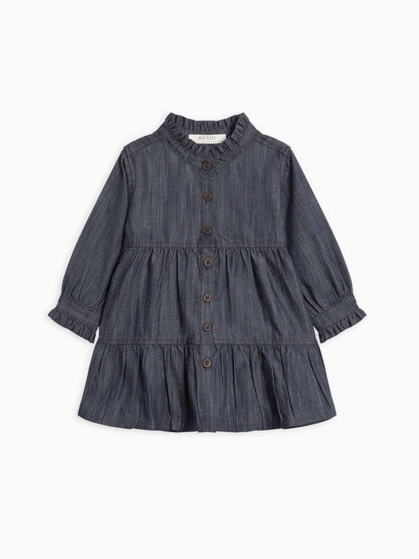 Tula Chambray Ruffle Shirt Dress Baby-Kids : Dresses : Long Sleeves Kendi Organic Cotton Baby and Kids Tula Chambray Ruffle Shirt Dress