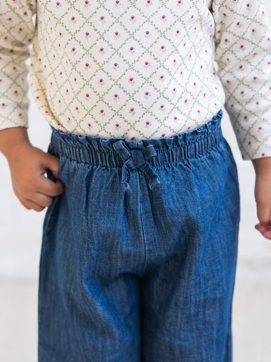 PRE ORDER Rumi Chambray Ruffle Waist Wide Leg Pant - AW26 Chambray Baby-Kids : Bottoms : Pants KENDI by Colored Organics Mari Ruffle Waist Pants for Baby + Kids | Colored Organics®