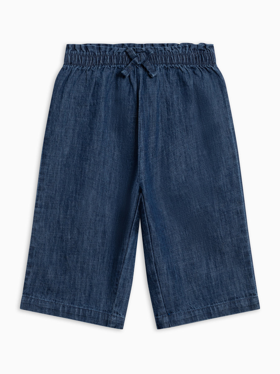 PRE ORDER Rumi Chambray Ruffle Waist Wide Leg Pant - AW26 Chambray Baby-Kids : Bottoms : Pants KENDI by Colored Organics Mari Ruffle Waist Pants for Baby + Kids | Colored Organics®