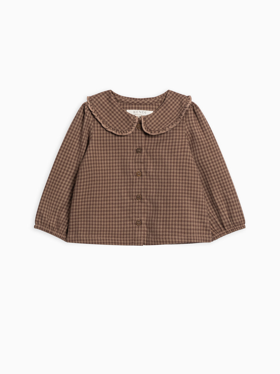 Yael Flannel Ruffle Collared Shirt Baby-Kids : Tops : Shirts : Long Sleeves Kendi Organic Cotton Baby and Kids Yael Flannel Ruffle Collared Shirt