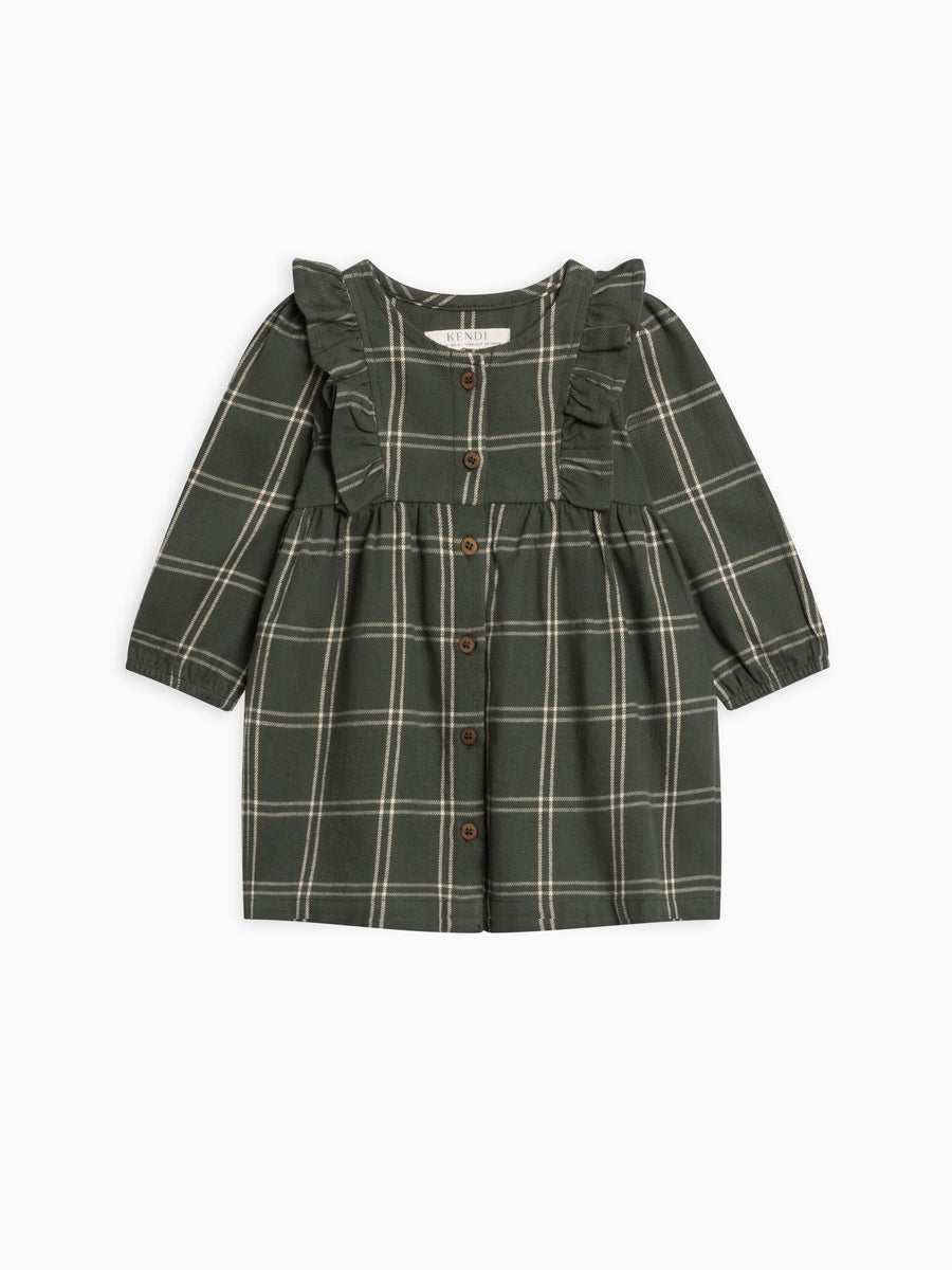 Rya Flannel Ruffle Dress Baby-Kids : Tops : Dresses : Long Sleeves Kendi Organic Cotton Baby and Kids Rya Flannel Ruffle Dress