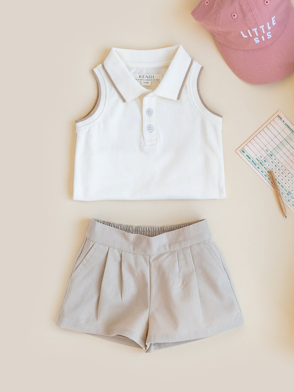 Leona Twill Pleat Shorts - Dune Baby-Kids : Bottoms : Shorts Kendi Leona Twill Pleat Shorts - Dune for Baby | Colored Organics®