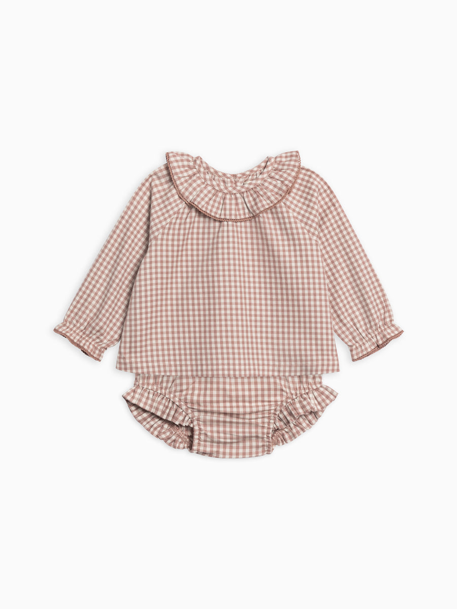 Dorothy Poplin Ruffle Collar Shirt and Bloomer Set Sale : Baby : Set : Bottoms : Shorts : Tops : Tanks Kendi Organic Cotton Baby Dorothy Poplin Ruffle Collar Shirt and Bloomer Set