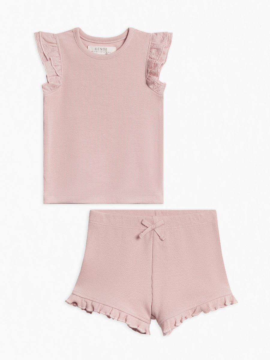 Organic 2 Piece Girls Ribbed Outfit Set Baby-Kids : Virtual Set : Bottoms : Shorts : Tops : Shirts : Short Sleeves Colored Organics