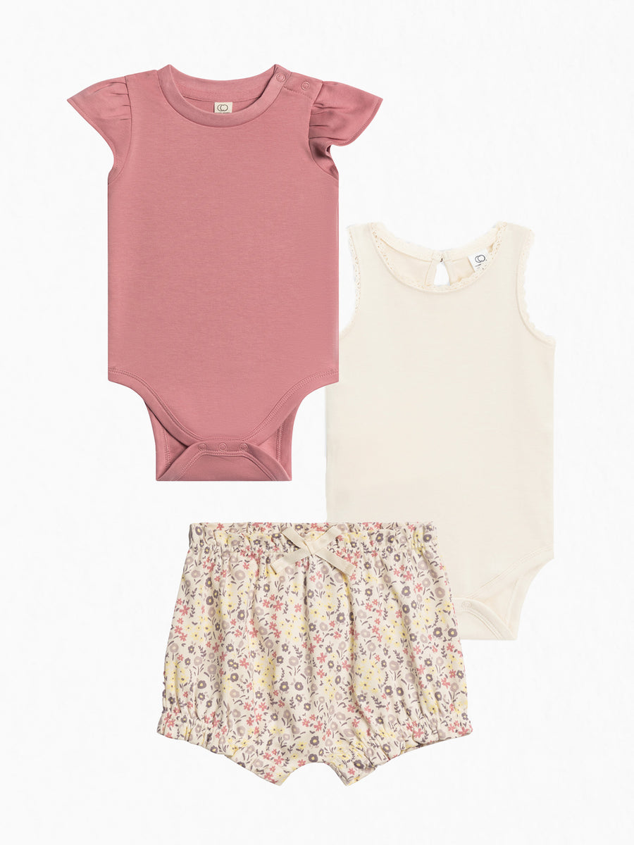 3-Piece Organic Baby Girls Summer Bundle Baby : Virtual Bundle : Bottoms : Shorts : One Pieces : Bodysuits : Short Sleeves Colored Organics Organic Cotton Baby & Kids Spring Layers Bundle