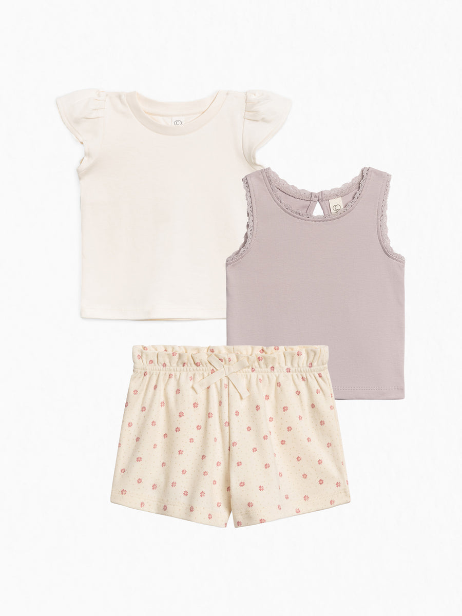 3-Piece Organic Toddler Girls Summer Bundle Kids : Virtual Bundle : Bottoms : Shorts : Tops : Tanks : Tees : Short Sleeves Colored Organics Organic Cotton Baby & Kids Spring Layers Bundle