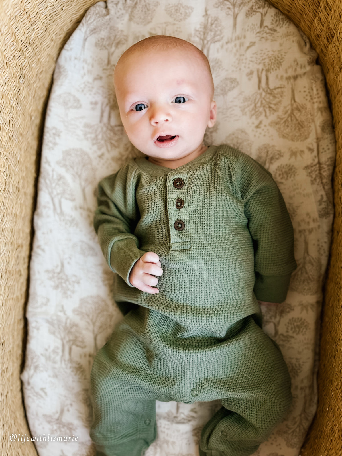 Crosby Waffle Knit Henley Romper - Fern Baby : One Pieces : Rompers : Long Sleeves KENDI by Colored Organics Baby Crosby Waffle Knit Henley Romper | Colored Organics®
