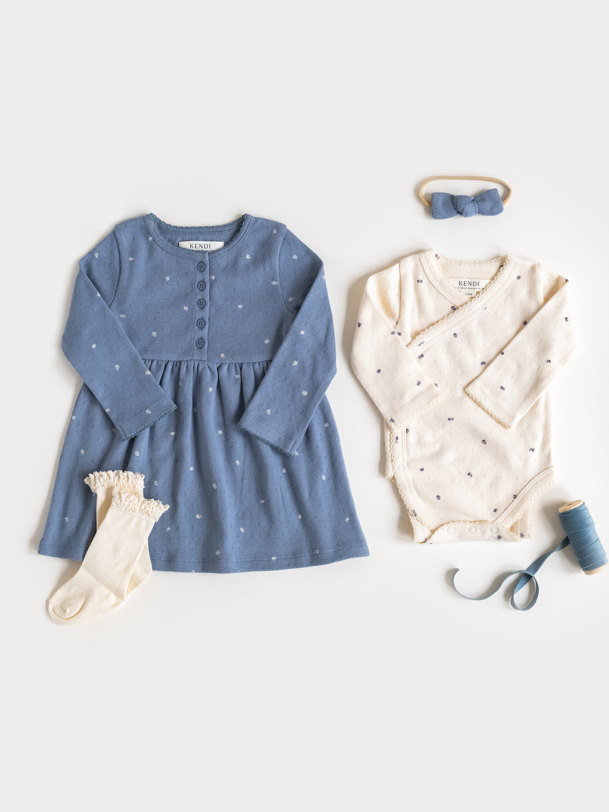 Bijoux Long Sleeve Pointelle Kimono Bodysuit - Macy Floral / Ivory Baby : One Pieces : Kimono Bodysuits : Long Sleeves KENDI by Colored Organics Bijoux Long Sleeve Pointelle Kimono | Colored Organics®