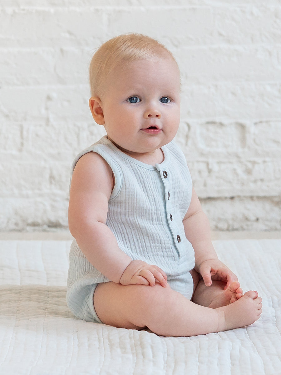 Bowie Muslin Bubble Romper - Powder Baby : One Pieces : Rompers : Tanks KENDI by Colored Organics Organic Cotton Baby Bowie Muslin Bubble Romper
