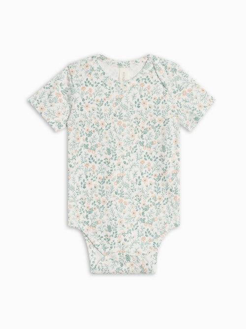 Afton Bodysuit - Merion Floral / Laguna + Shell Sale : Baby : One Pieces : Bodysuits : Short Sleeves KENDI by Colored Organics Afton Bodysuit - Merion Floral / Laguna | Colored Organics®