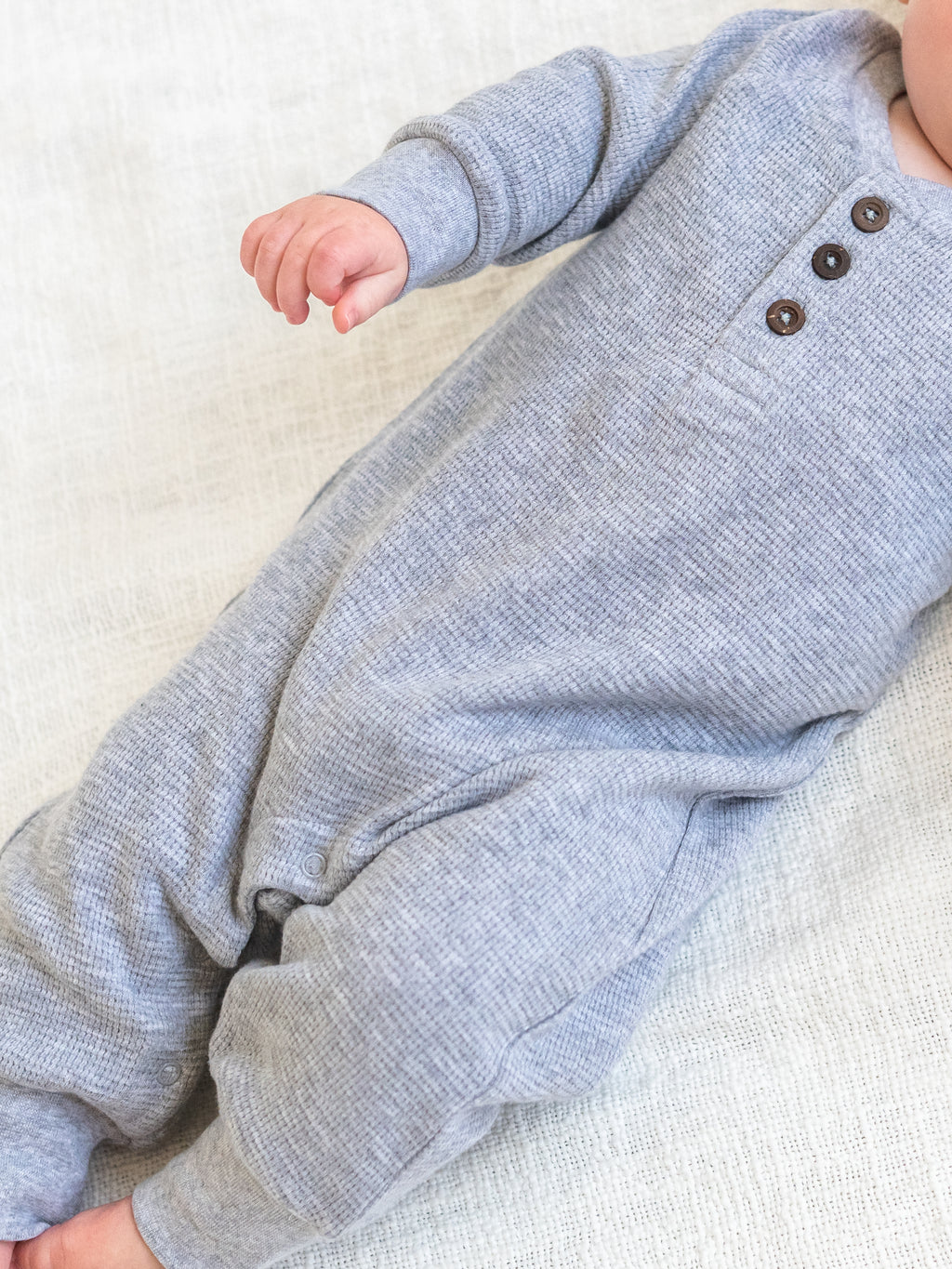 Crosby Waffle Knit Henley Romper - Ashen Baby : One Pieces : Rompers : Long Sleeves KENDI by Colored Organics Baby Crosby Waffle Knit Henley Romper | Colored Organics®
