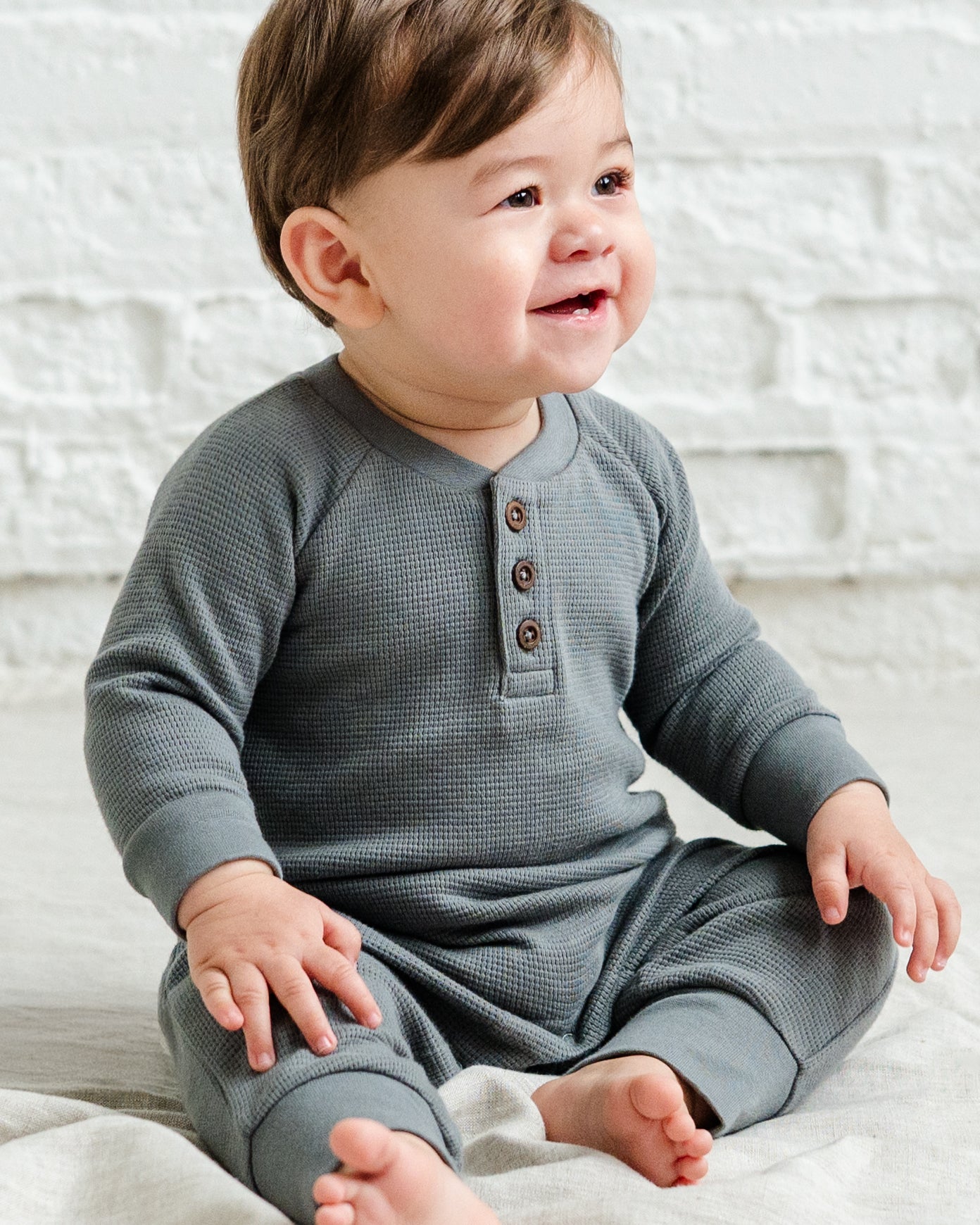 Crosby Waffle Knit Henley Romper - Heather Oat / 18-24M