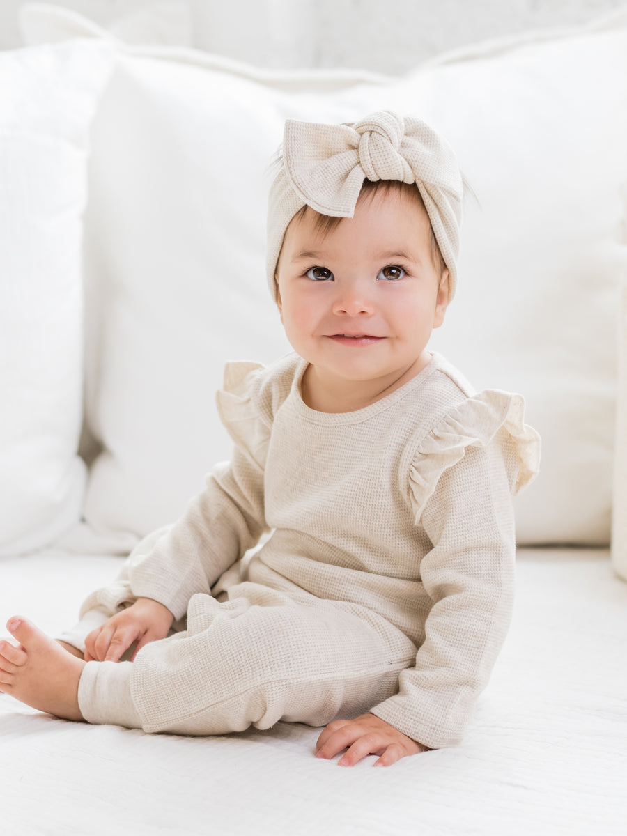 Mila Waffle Knit Flutter Sleeve Romper Baby : One Pieces : Rompers : Long Sleeves Kendi Organic Cotton Baby Mila Waffle Knit Long Sleeve Romper