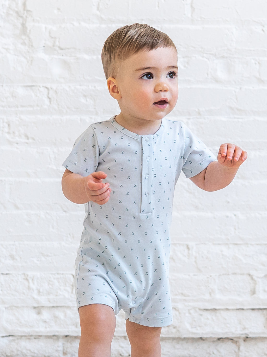 Mason Short Sleeve Romper - Tee Time / Powder + Laguna Sale : Baby : One Pieces : Rompers : Short Sleeves KENDI by Colored Organics Mason Short Sleeve Romper - Tee Time / | Colored Organics®
