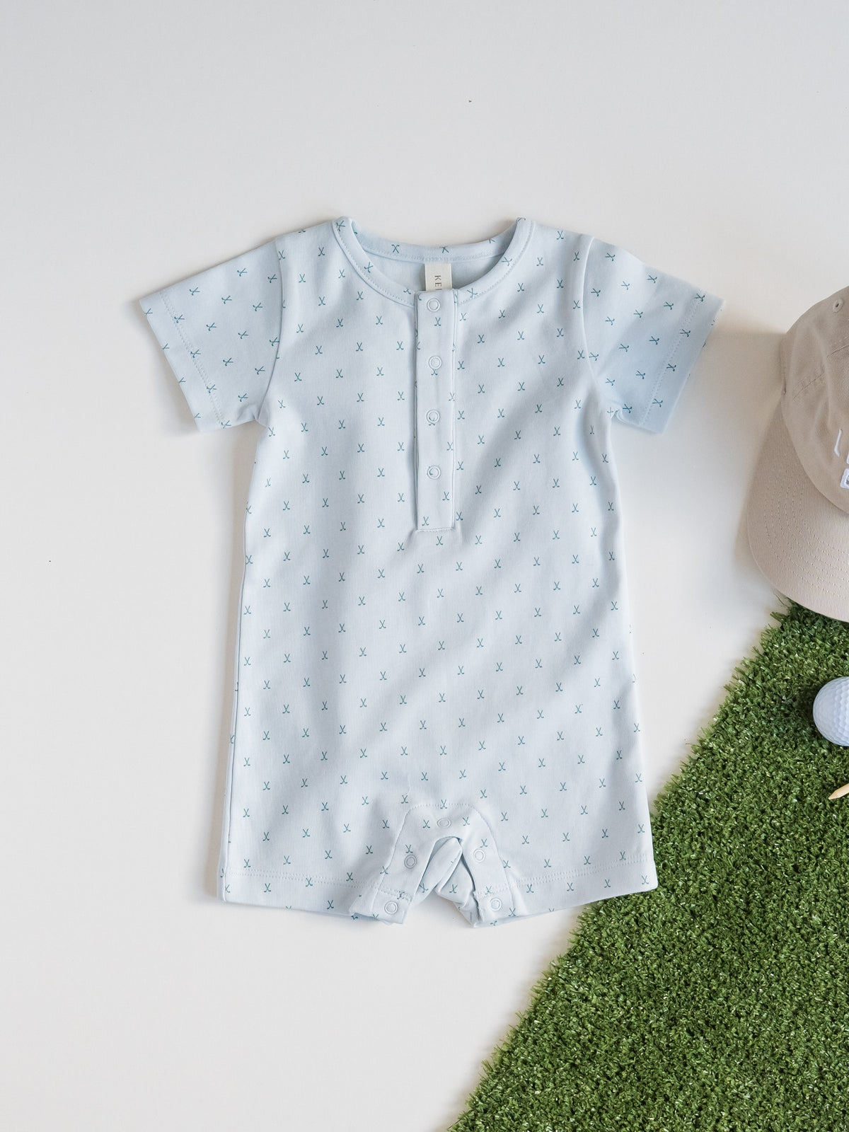 Mason Short Sleeve Romper - Tee Time / Powder + Laguna Sale : Baby : One Pieces : Rompers : Short Sleeves KENDI by Colored Organics Mason Short Sleeve Romper - Tee Time / | Colored Organics®