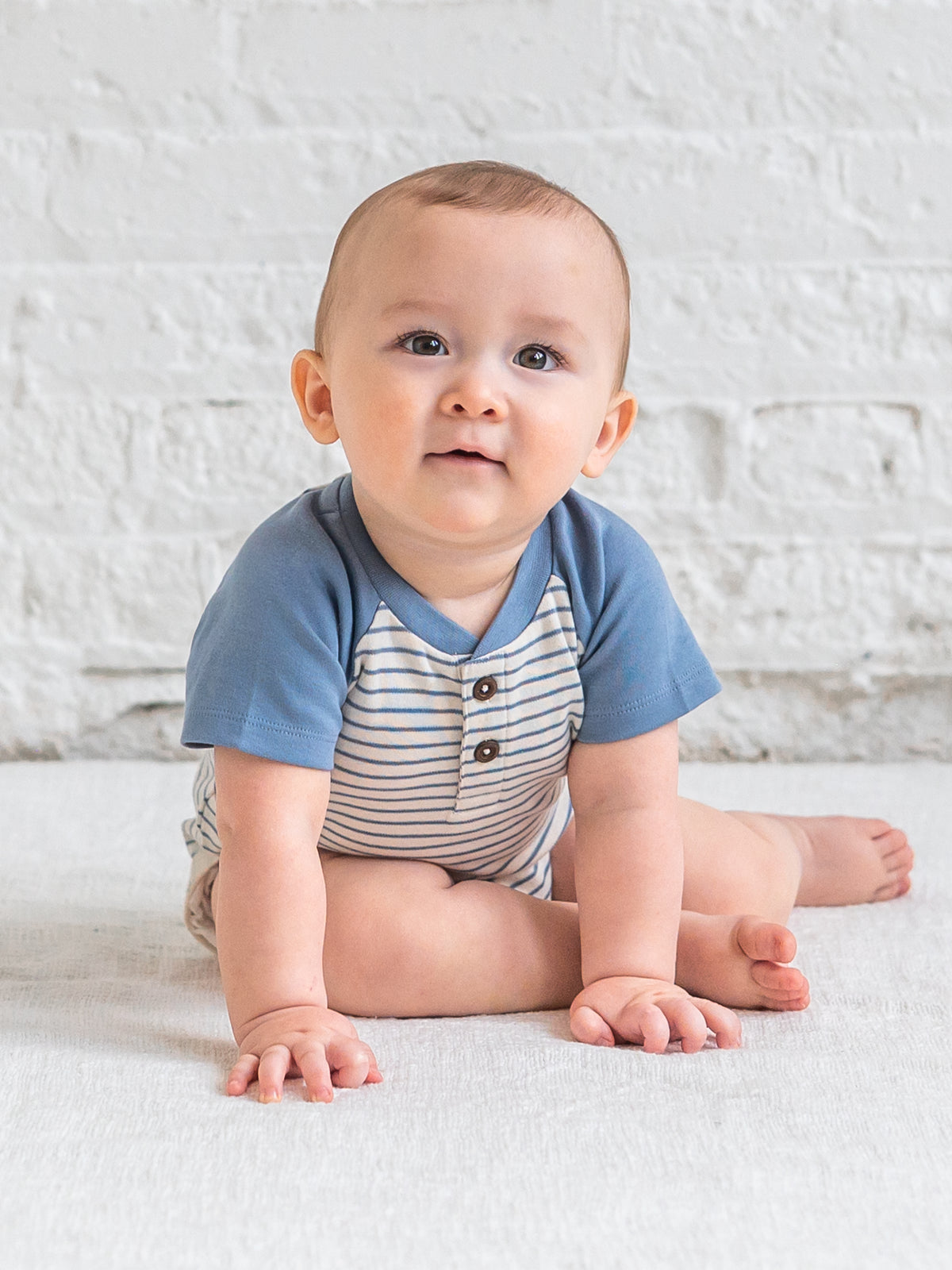 Sosa Raglan Henley Bodysuit - Bay Stripe / Ivory + Sea Baby : One Pieces : Bodysuits : Short Sleeves KENDI by Colored Organics Sosa Raglan Henley Bodysuit - Bay | Colored Organics®