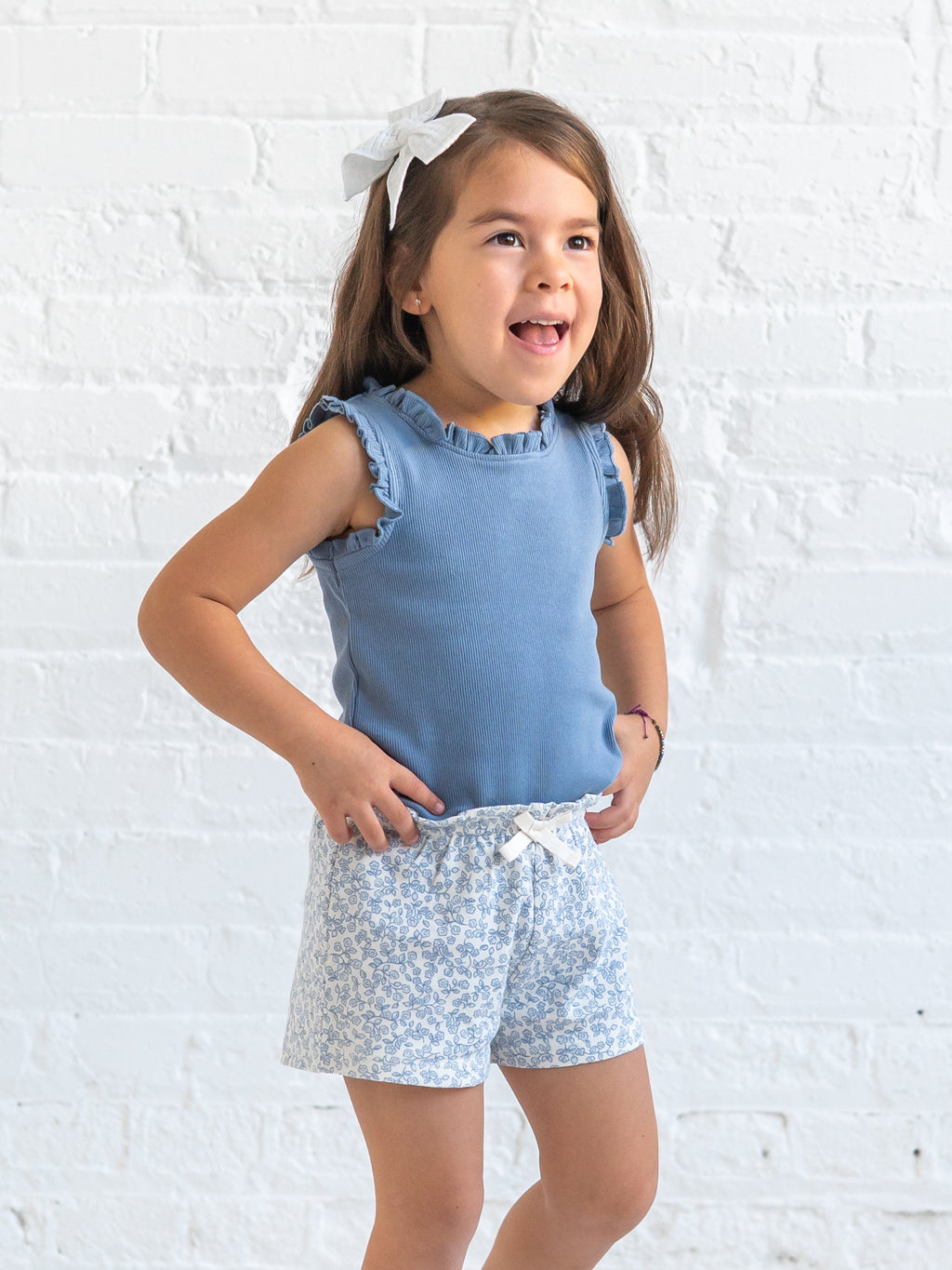 Fay Ruffle Waist Shorts - Narelle Floral / Ivory + Sea Kids : Bottoms : Shorts KENDI by Colored Organics Fay Ruffle Waist Shorts - Narelle | Colored Organics®