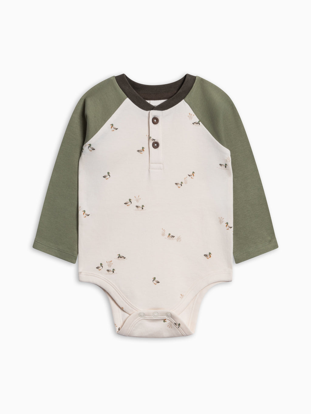 Lucas Raglan Henley Bodysuit - Mallard Baby : One Pieces : Bodysuits : Long Sleeves KENDI by Colored Organics Lucas Raglan Henley Bodysuit for Baby | Colored Organics®