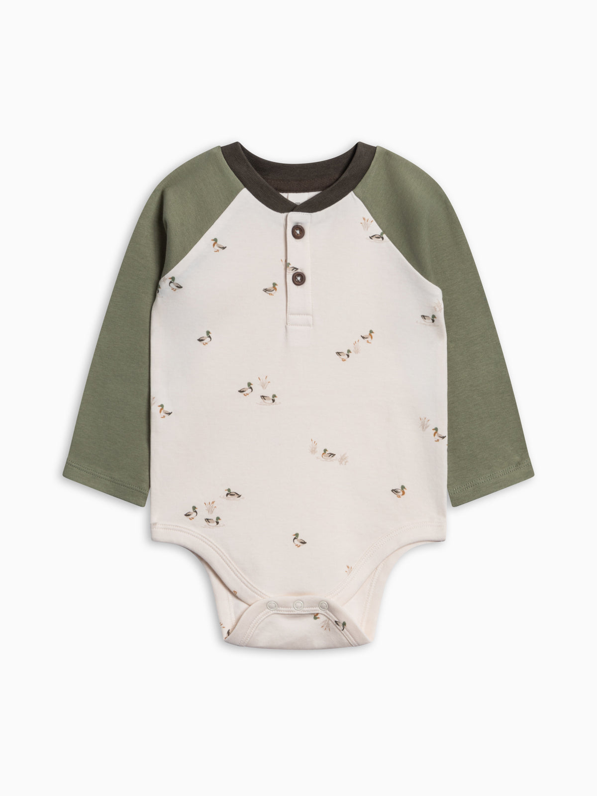 Lucas Raglan Henley Bodysuit - Mallard Baby : One Pieces : Bodysuits : Long Sleeves KENDI by Colored Organics Lucas Raglan Henley Bodysuit for Baby | Colored Organics®