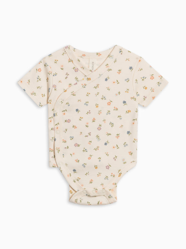 Lark Kimono Short Sleeve Bodysuit - Petaline Floral / Fog + Fern Baby : One Pieces : Bodysuits : Short Sleeves Kendi Lark Kimono Short Sleeve Bodysuit | Colored Organics®