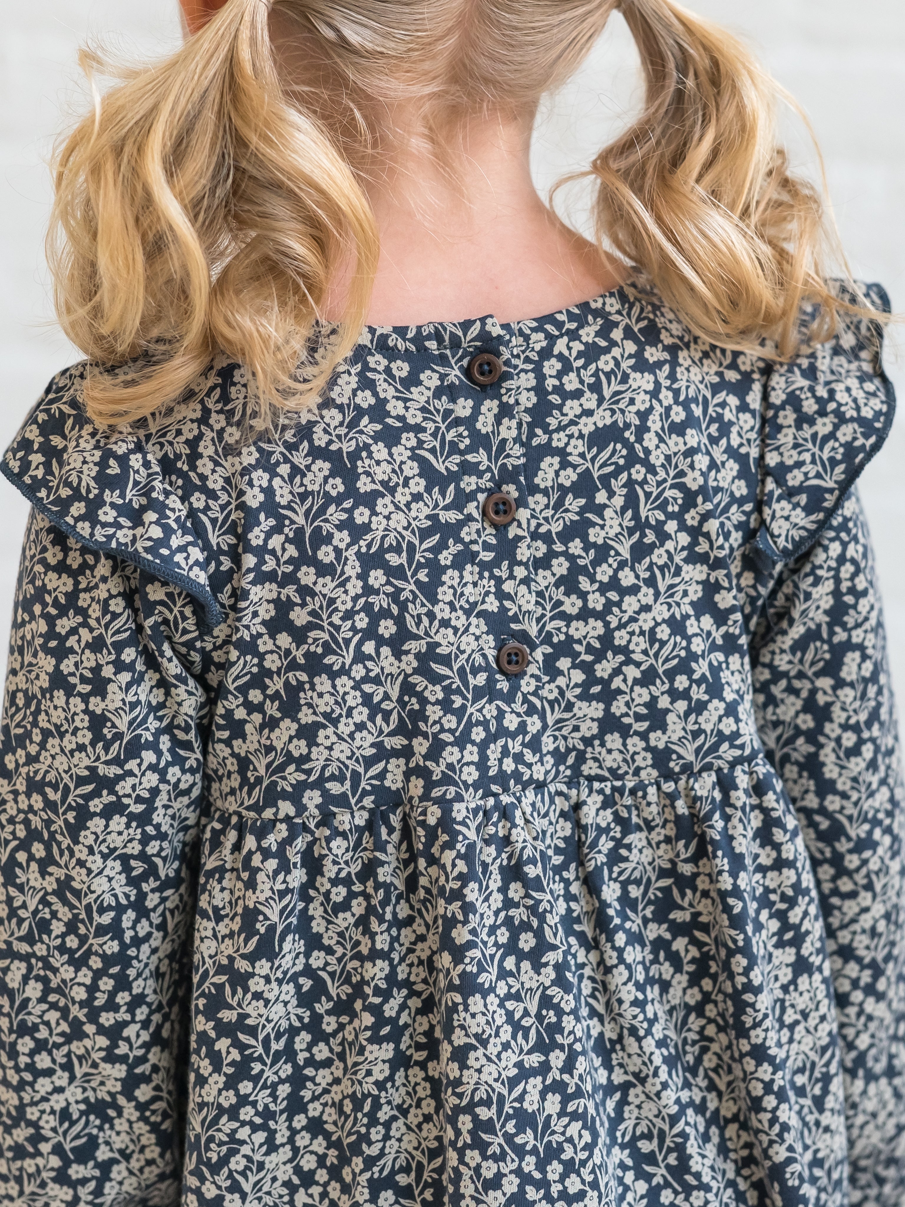 Colored Organics Mika Ruffle Long Sleeve Dress Chicory Floral Navy 2T