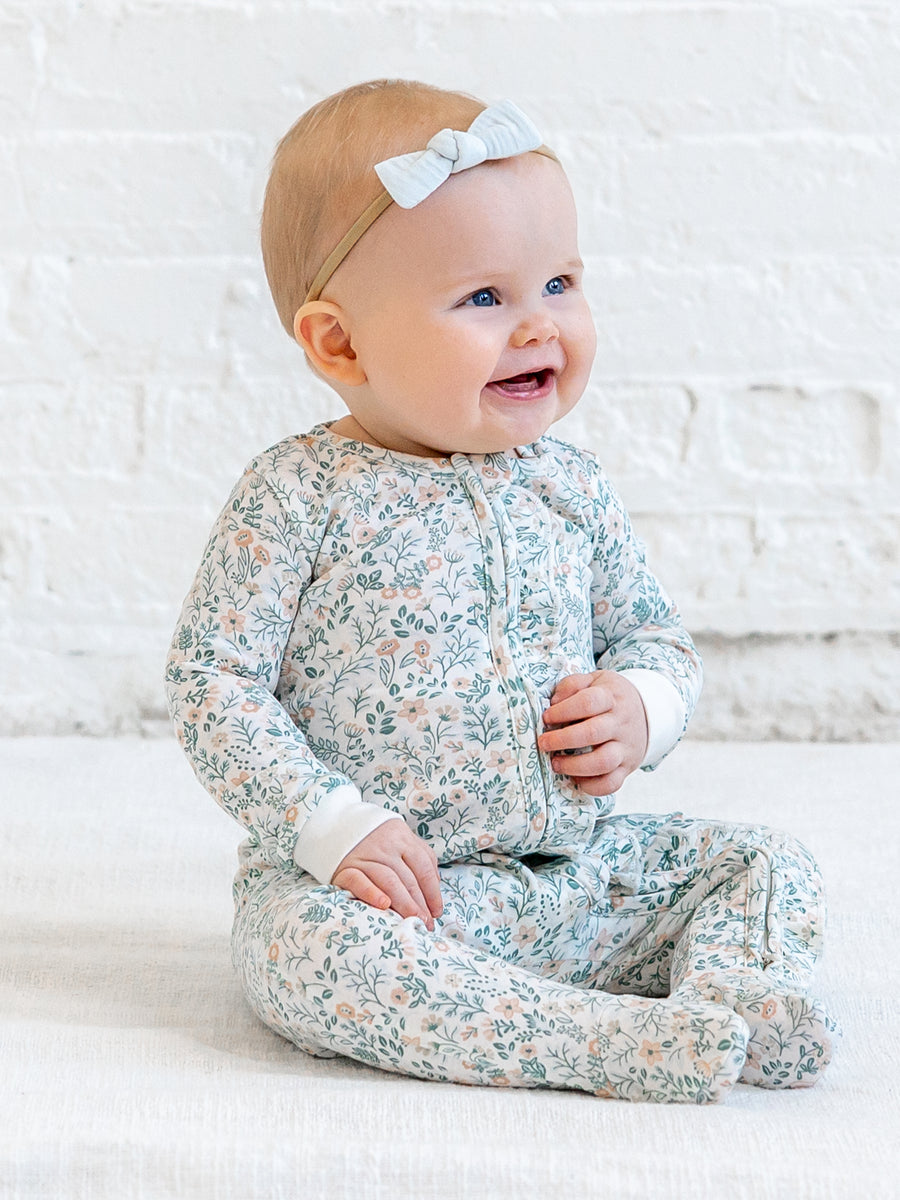 Neve Ruffle Zipper Footed Romper - Merion Floral / Laguna + Shell Baby : One Pieces : Long Sleeves KENDI by Colored Organics Organic Cotton Neve Ruffle Zipper Footed Romper for Newborn and Baby Girls
