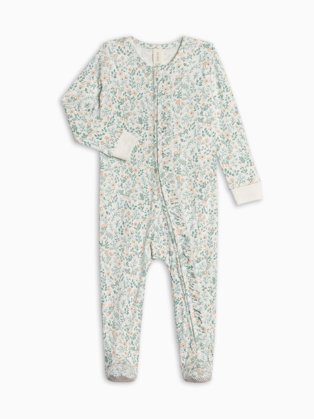 Neve Ruffle Zipper Footed Romper - Merion Floral / Laguna + Shell Sale : Baby : One Pieces : Bodysuits : Long Sleeves KENDI by Colored Organics Neve Ruffle Zipper Footed Romper | Colored Organics®