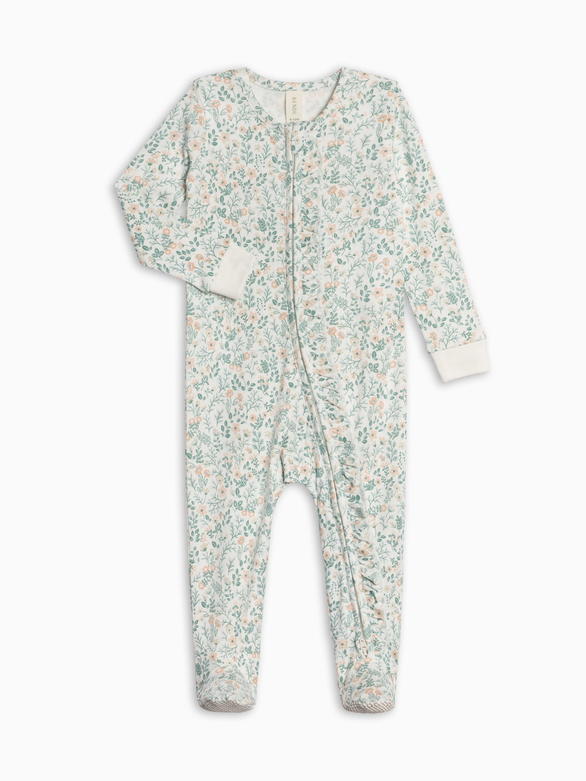 Neve Ruffle Zipper Footed Romper - Merion Floral / Laguna + Shell Sale : Baby : One Pieces : Bodysuits : Long Sleeves KENDI by Colored Organics Neve Ruffle Zipper Footed Romper | Colored Organics®