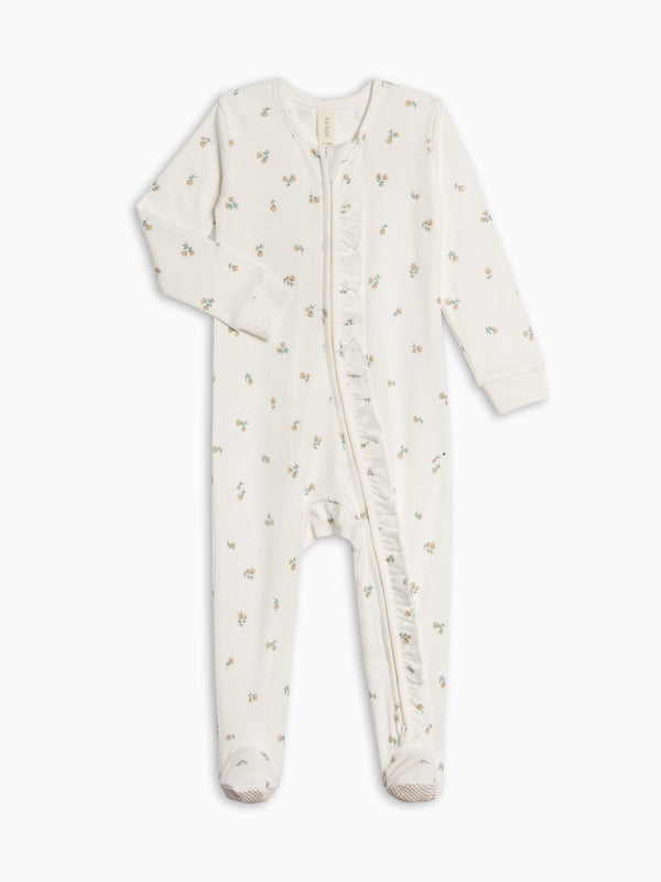 Neve Ruffle Zipper Footed Romper - Palmer Floral / Dune + Laguna Baby : One Pieces : Long Sleeves KENDI by Colored Organics Organic Cotton Neve Ruffle Zipper Footed Romper for Newborn and Baby Girls
