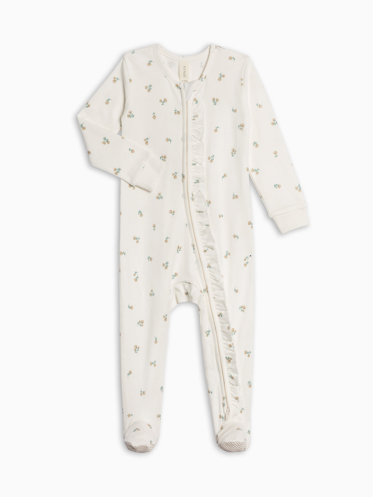 Neve Ruffle Zipper Footed Romper - Palmer Floral / Dune + Laguna Baby : One Pieces : Long Sleeves KENDI by Colored Organics Neve Ruffle Zipper Footed Romper | Colored Organics®