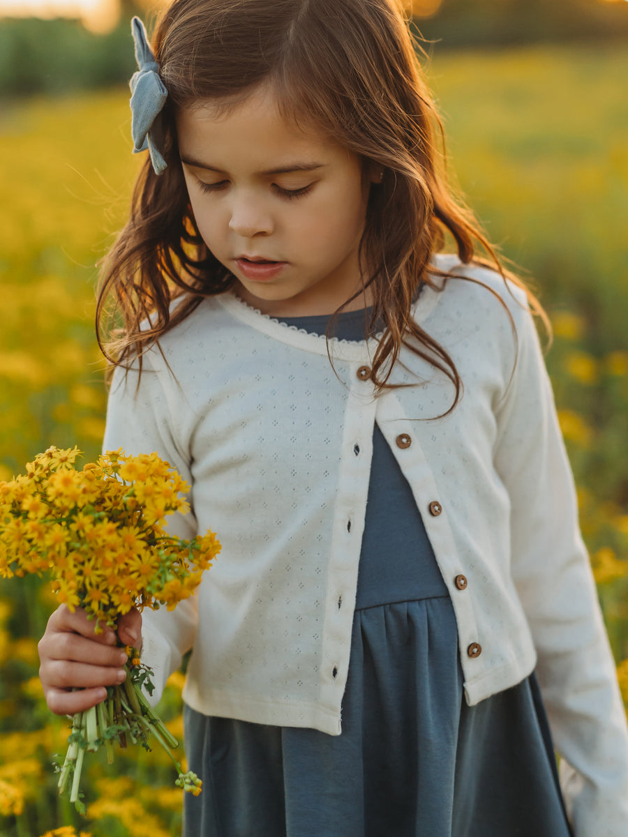 Clara Pointelle Button Down Cardigan Baby-Kids : Tops : Long Sleeves Colored Organics Organic Baby and Kids Clara Pointelle Button Down Cardigan