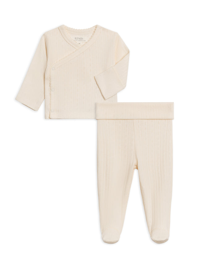 2-Piece Lacey Brushed Back Pointelle Kimono Top and Pant Set Baby : Virtual Set : Bottoms : Pants : One Pieces : Kimono Bodysuits : Long Sleeves Kendi Organic Cotton Baby 2-Piece Lacey Pointelle Kimono Top and Pant Set