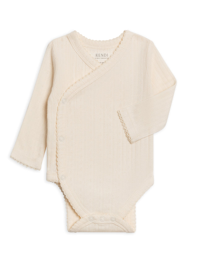 Hilda Brushed Back Pointelle Long Sleeve Kimono Bodysuit Baby : One Pieces : Kimono Bodysuits : Long Sleeves Kendi Organic Cotton Baby Hilda Pointelle Long Sleeve Kimono Bodytsuit