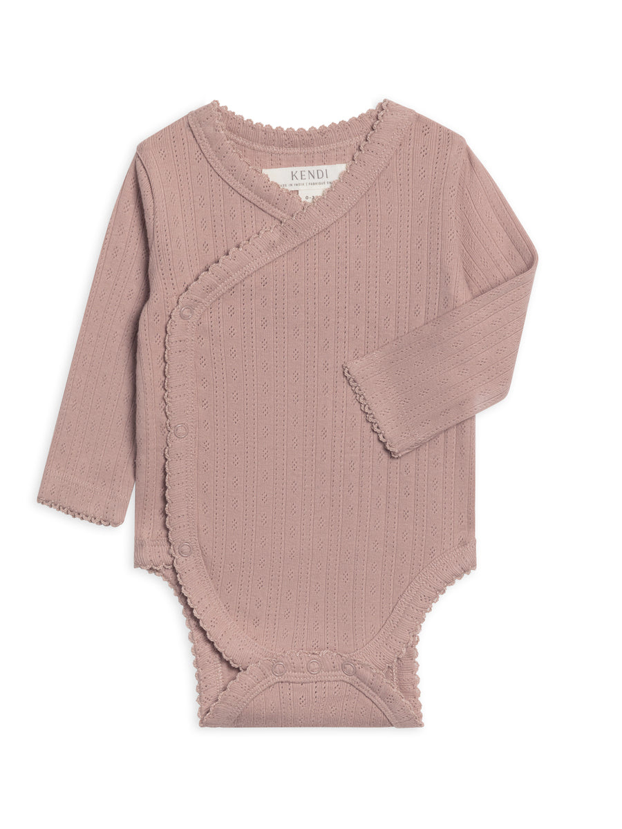 Hilda Brushed Back Pointelle Long Sleeve Kimono Bodysuit Baby :One Pieces :Kimono Bodysuits :Long Sleeves Kendi Organic Cotton Baby Hilda Pointelle Long Sleeve Kimono Bodytsuit