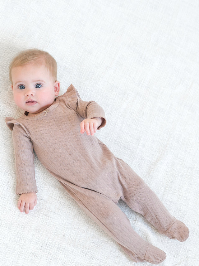 Addy Brushed Back Pointelle Flutter Sleeve Footed Romper Baby : One Pieces : Rompers : Long Sleeves Kendi Organic Cotton Baby Addy Pointelle Flutter Sleeve Footed Romper